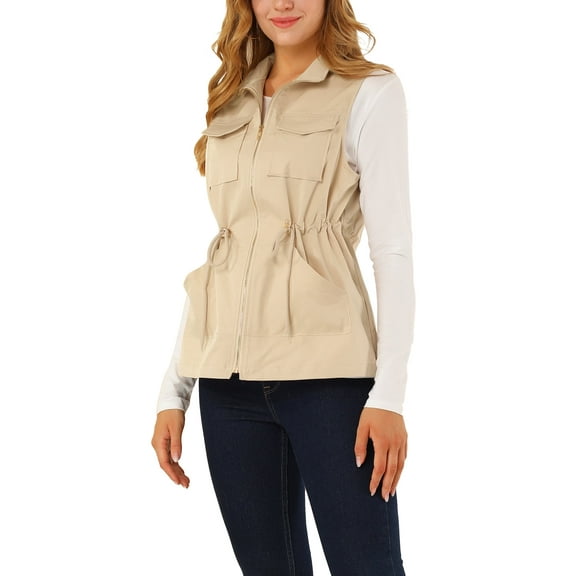 INSPIRE CHIC Women's Sleeveless Drawstring Waist Zipper Pocket Utility Vest XS Khaki