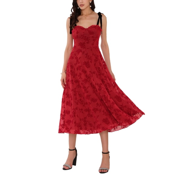 INSPIRE CHIC Women's Sleeveless Dress Floral Mesh Spaghetti Strap Gothic Vintage Cocktail A-Line Dress M Red