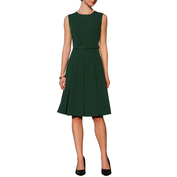 INSPIRE CHIC Women's Sleeveless Dress Zip Up Belted Fit & Flare Wear-to-Work Midi Dresses XL Dark Green