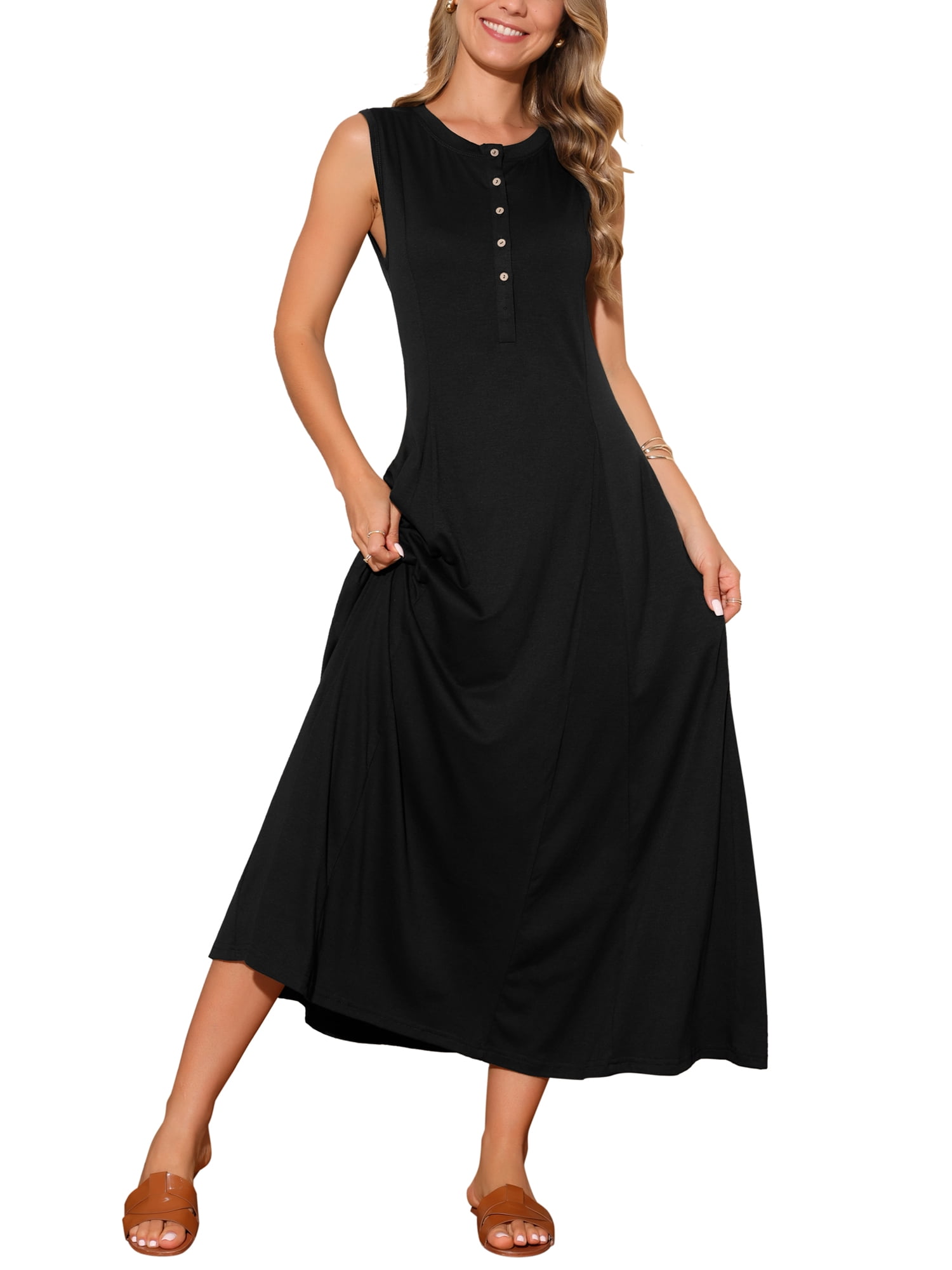 INSPIRE CHIC Women's Sleeveless Dresses Button Fit Flare A-Line Flowy  Casual Long Dresses Summer Outfits M Black - Walmart.com