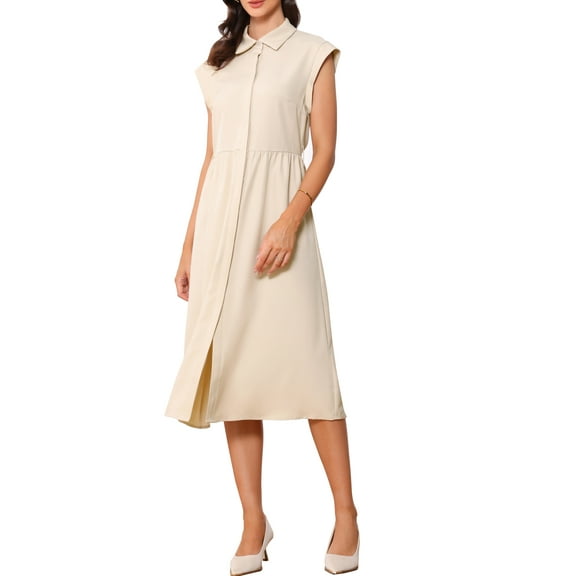 INSPIRE CHIC Women's Sleeveless Dresses Collared Button Down Belted Waist Midi Work Dresses M 1