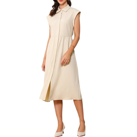 INSPIRE CHIC Women's Sleeveless Dresses Collared Button Down Belted Waist Midi Work Dresses XS 1