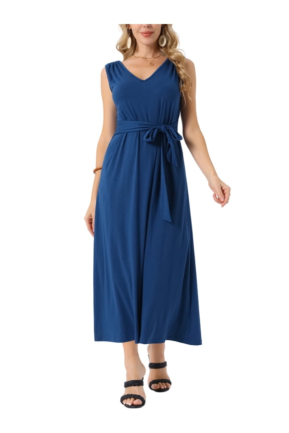 Women's Sleeveless Dresses Tie-Waist Casual Maxi Tank Dress with Pockets L Dark Blue