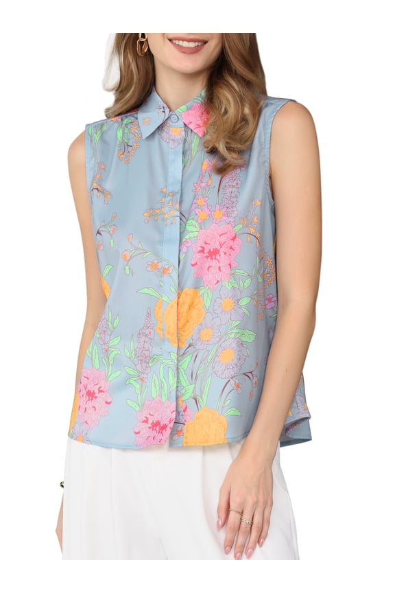 Women's Sleeveless Floral Blouse Button Down Summer Casual Shirt Top L Light Blue