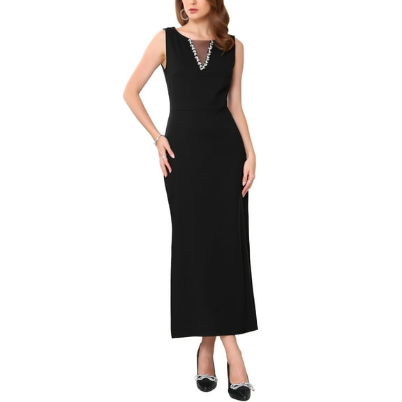 INSPIRE CHIC Women's Sleeveless Formal Dress Mesh V Neck Cocktail Evening Wedding Guest Maxi Dress XL Black