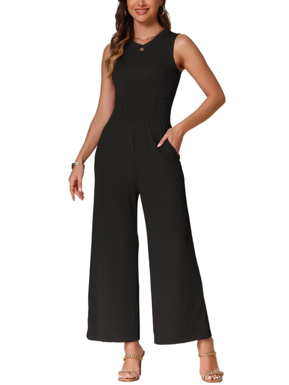 Women's Sleeveless High Waist Jumpsuit Round Neck Wide Leg Romper with Back Zipper L Black