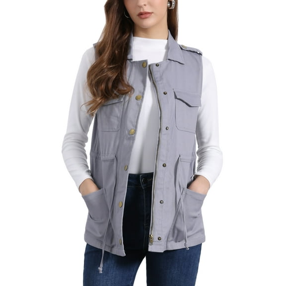 INSPIRE CHIC Women's Sleeveless Jacket Drawstring Waist Zip Up Cotton Cargo Vest with Pocket M Cement Gray
