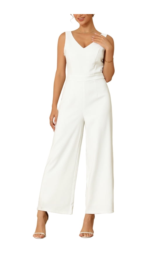 Valentine's Day Women's Sleeveless Jumpsuits for Cocktail Lace Backless Wide Legs Formal Evening Jumpsuit S White