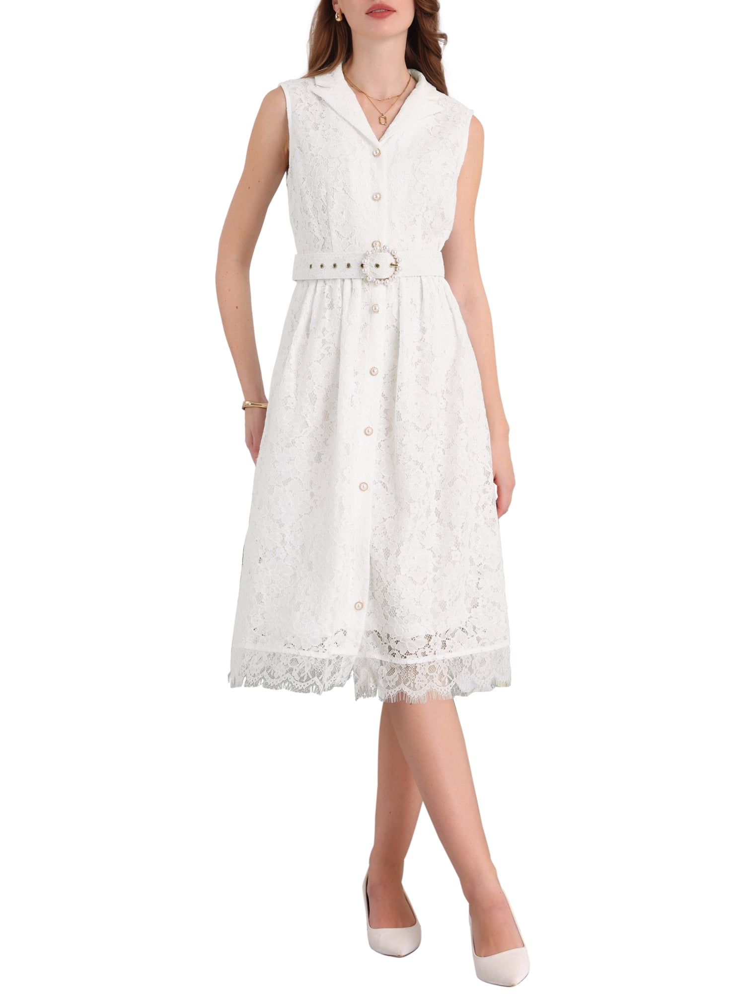 sleeveless belted a line dress Inspire Chic Women's Sleeveless Lace Dress Lapel Collar Wedding Cocktail Belted Button Down A-Line Dresses XL White