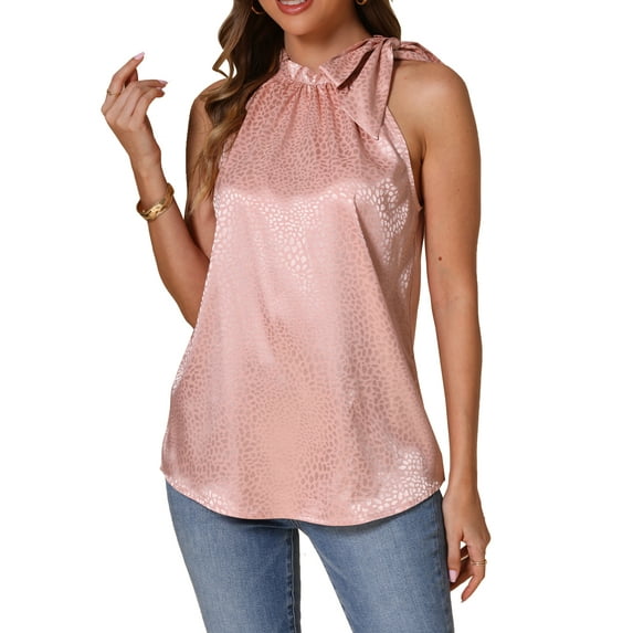 Sleeveless Halter Blouse for Women Leopard Satin Mock Tie Neck Shirts Business Casual Tank Top 2025 XS Pink
