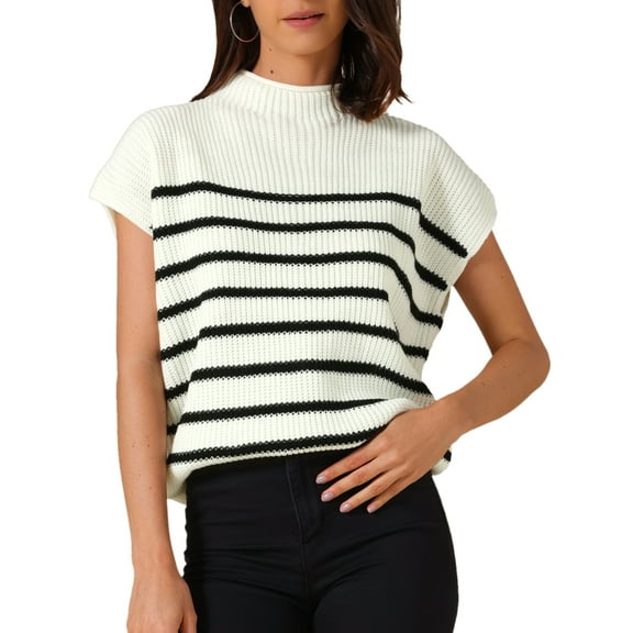 INSPIRE CHIC Women's Sleeveless Mock Neck Striped Sweater Vest Casual Cap Sleeve Knit Pullover Tank Tops L White