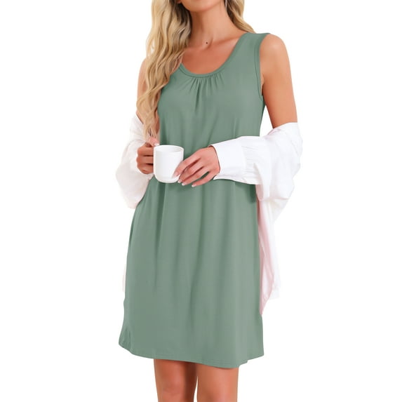 INSPIRE CHIC Women's Sleeveless Nightgown Sleep Shirts Sleepwear Pleated Front Nightshirt Round Neck Tank Nightdress S Gray Green