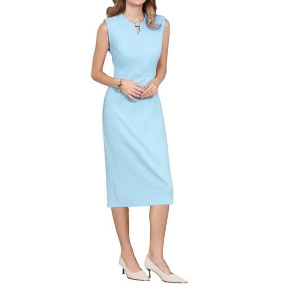 INSPIRE CHIC Women's Sleeveless Pencil Dress Choker V Neck 2026 Trendy Work Knee Length Dresses M Light Blue