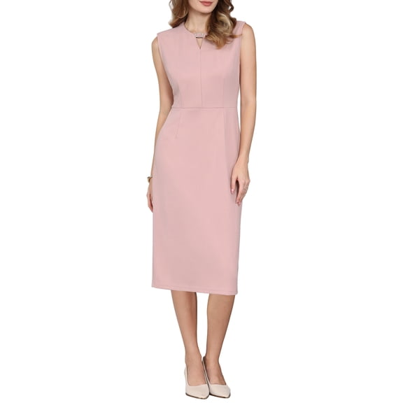 INSPIRE CHIC Women's Sleeveless Pencil Dress Choker V Neck 2026 Trendy Work Knee Length Dresses M Pink
