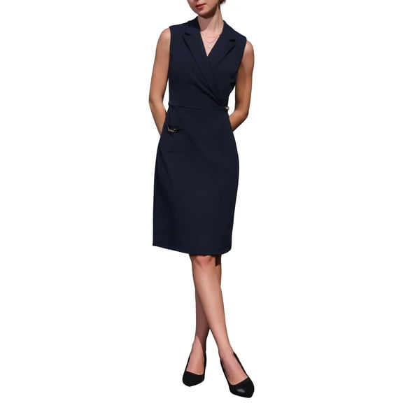 INSPIRE CHIC Women's Sleeveless Pencil Dress Notched Lapel Faux Wrap Formal Business Work Dresses L Navy Blue