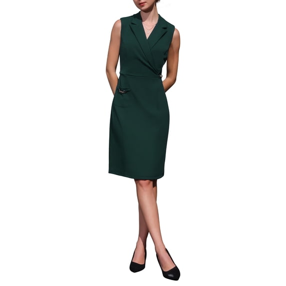 INSPIRE CHIC Women's Sleeveless Pencil Dress Notched Lapel Faux Wrap Formal Business Work Dresses S Dark Green