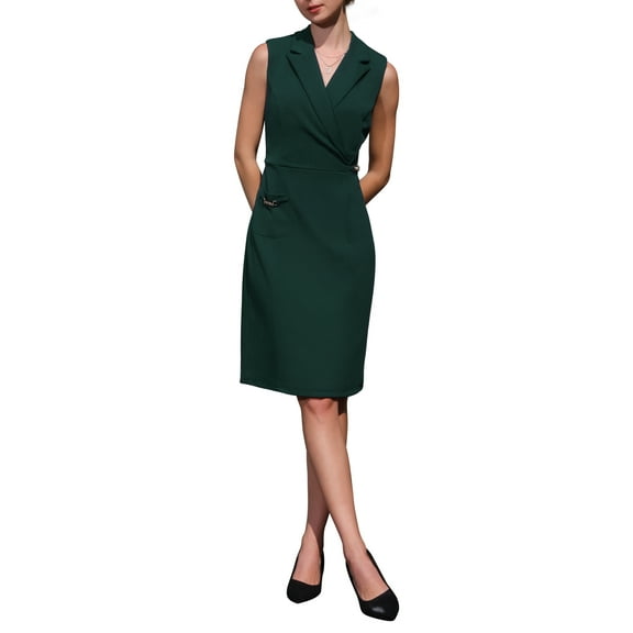 INSPIRE CHIC Women's Sleeveless Pencil Dress Notched Lapel Faux Wrap Formal Business Work Dresses XL Dark Green
