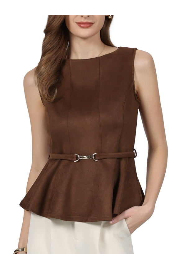 Women's Sleeveless Peplum Top Faux Suede Boat Neck Business Casual Blouse with Belted 2XL Coffee Brown