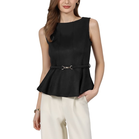 INSPIRE CHIC Women's Sleeveless Peplum Top Faux Suede Boat Neck Business Casual Blouse with Belted S Black