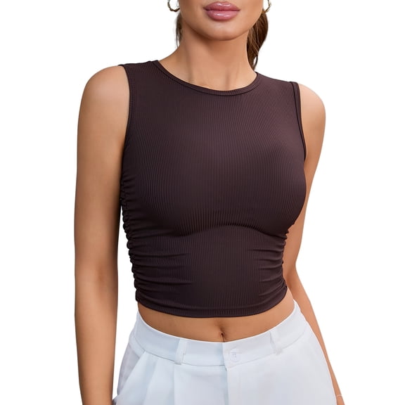 INSPIRE CHIC Women's Sleeveless Ribbed Tank Top Waist-Cinched Workout Vest with Dual Side Pleats XL Brown