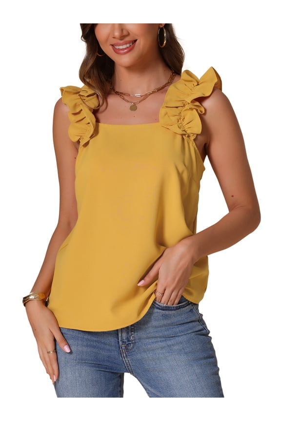 Women's Sleeveless Ruffle Trim Square Neck Solid Casual Blouse M Yellow