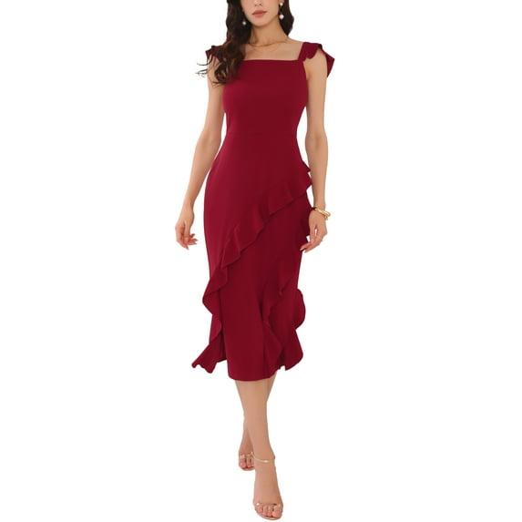INSPIRE CHIC Women's Sleeveless Square Neck Ruffle Cocktail Midi Dress L Wine Red