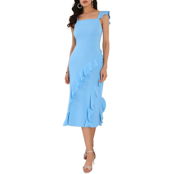 INSPIRE CHIC Women's Sleeveless Square Neck Ruffle Cocktail Midi Dress XL Light Blue