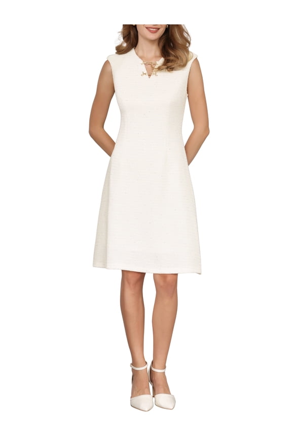 Women's Sleeveless Tweed Dress V Neck 2026 Cocktail Work A-Line Dresses S Beige