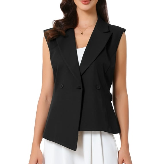 INSPIRE CHIC Women's Sleeveless V Neck Belted Lapel Collar Work Vest S Black
