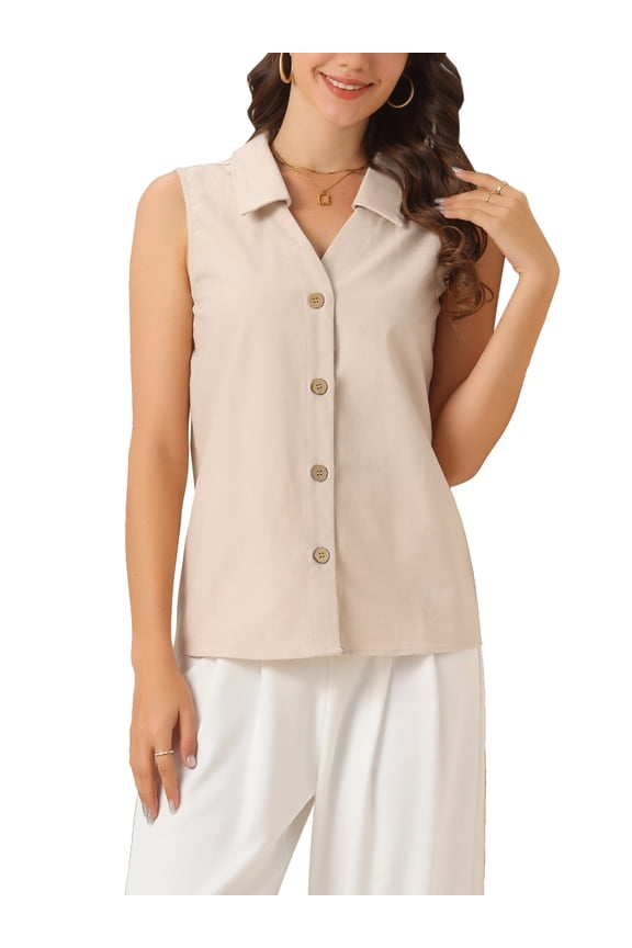 Women's Sleeveless Work Button Down Collared Linen Tops M Apricot
