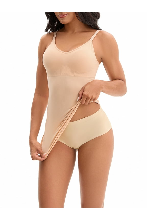 Women's Slim Fit Shaping Full Slips Adjustable Spaghetti Strap Cami Built in Bra Under Dress S Beige