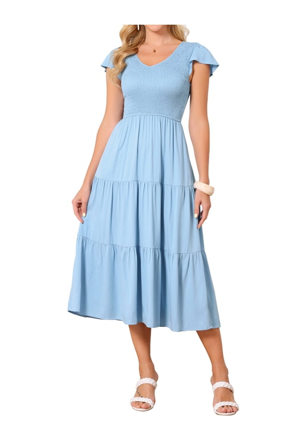 Women's Smocked Dress Casual Flutter Sleeve V Neck Summer A Line Elastic High Waist Tiered Midi Dresses M Light Blue