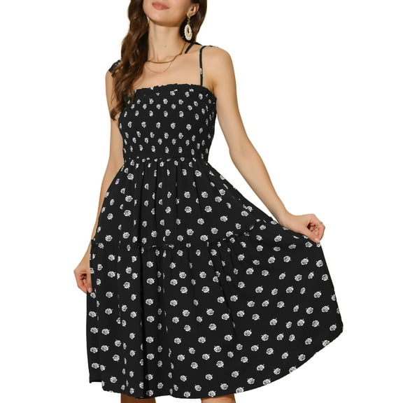 INSPIRE CHIC Women's Smocked Dress Spaghetti Strap Sleeveless Midi Tiered A-Line Dresses M Black