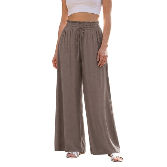 INSPIRE CHIC Women's Smocked High Waist Drawstring Casual Pants for Comfortable Summer Wear with Flowy Wide Leg Design L Dark Brown