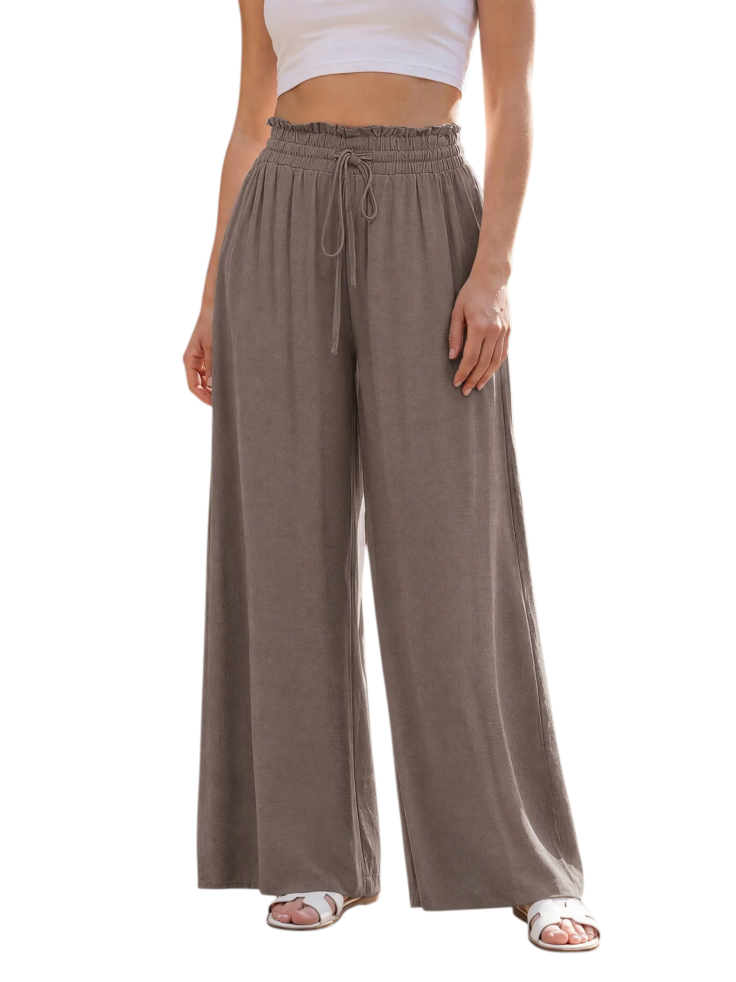 INSPIRE CHIC Women's Smocked High Waist Drawstring Casual Pants for Comfortable Summer Wear with Flowy Wide Leg Design L Dark Brown
