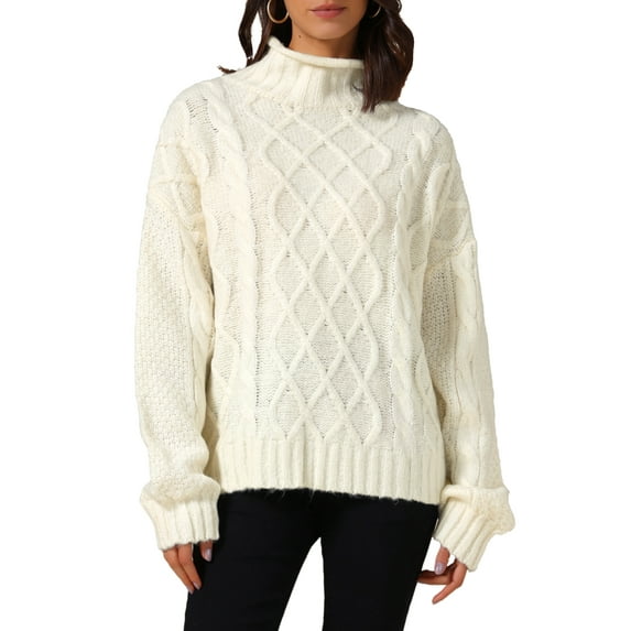 INSPIRE CHIC Women's Solid Color Turtleneck Oversize Long Sleeves Cable Knit Sweater S Cream