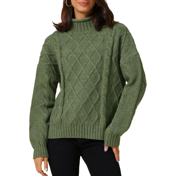 INSPIRE CHIC Women's Solid Color Turtleneck Oversize Long Sleeves Cable Knit Sweater S Green