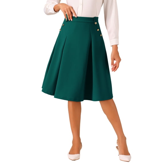 INSPIRE CHIC Women's Solid Vintage High Elastic Waist Button Decor Flared Midi Skirt XS Deep Green