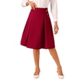 thumbnail image 1 of INSPIRE CHIC Women's Solid Vintage High Elastic Waist Button Decor Flared Midi Skirt L Deep Red, 1 of 5