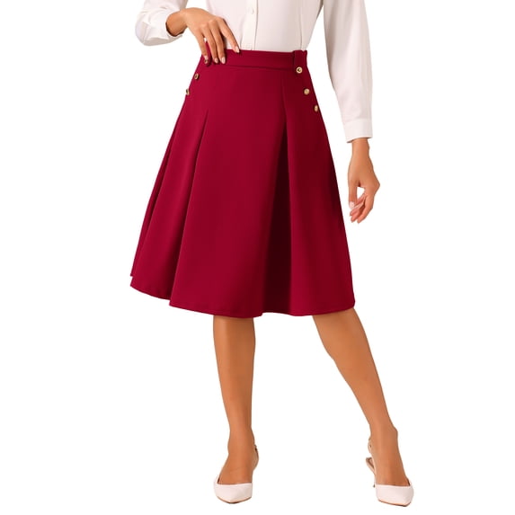 INSPIRE CHIC Women's Solid Vintage High Elastic Waist Button Decor Flared Midi Skirt L Deep Red