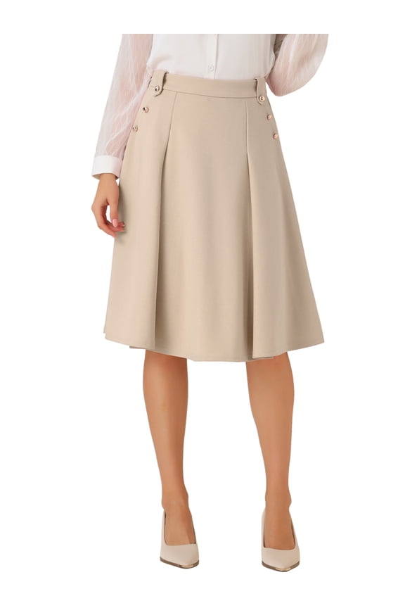 Women's Solid Vintage High Elastic Waist Button Decor Flared Midi Skirt XL Gray Khaki