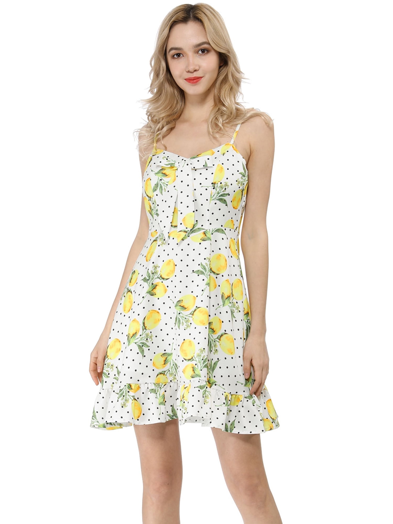 Inspire Chic Women's Spaghetti Strap Bowknot Lemon Print Dress S White Inspire Chic Women's Spaghetti Strap Bowknot Lemon Print Dress S White