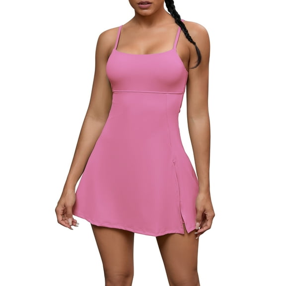 INSPIRE CHIC Women's Slips Square Neck Spaghetti Strap Tennis Dress with Built-in Bra and Shorts Side Slit Active Dresses S Pink