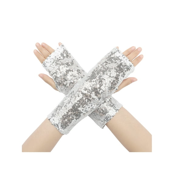INSPIRE CHIC Women's Sparkle Sequin Arm Warmers Wrist Cover Fingerless Gloves Arm Sleeve for Disco Party Silver
