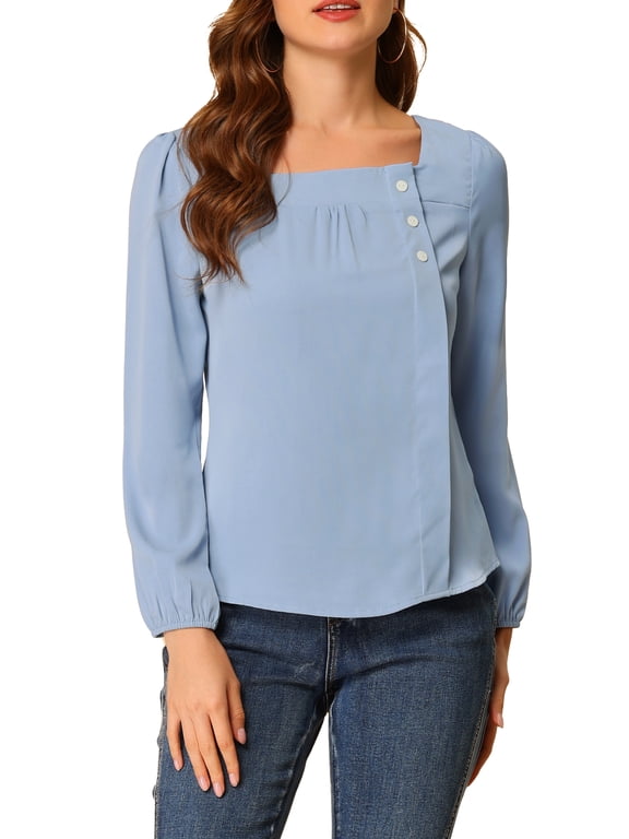 Women's Square Neck Casual Solid Long Sleeve Blouse Top for Work and Weekend XS Blue Gray