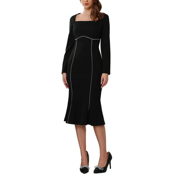 INSPIRE CHIC Women's Square Neck Dress Wedding Guest Long Sleeve Formal Cocktail Elegant Midi Fishtail Dresses S Black
