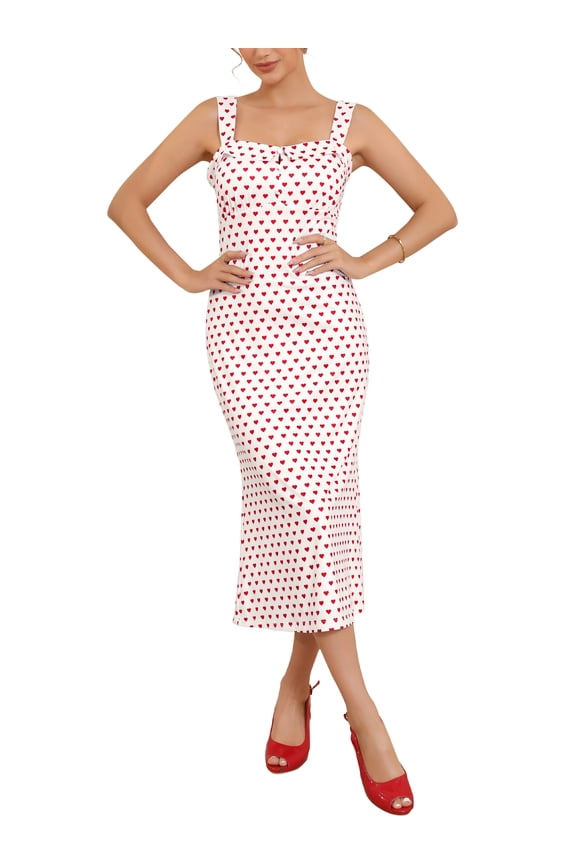 Easter Style Women's Square Neck Heart Dots Sleeveless Day Dating Evening Bodycon Dresses 2XL White