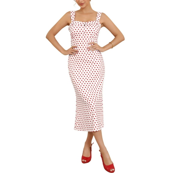 INSPIRE CHIC Easter Women's Square Neck Heart Dots Sleeveless Day Dating Evening Bodycon Dresses S White