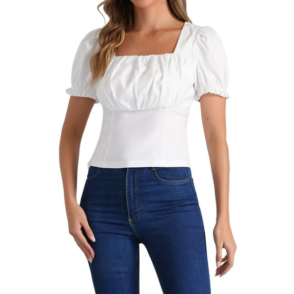 INSPIRE CHIC Women's Square Neck Ruffle Short Sleeve Summer Casual T Shirts L White
