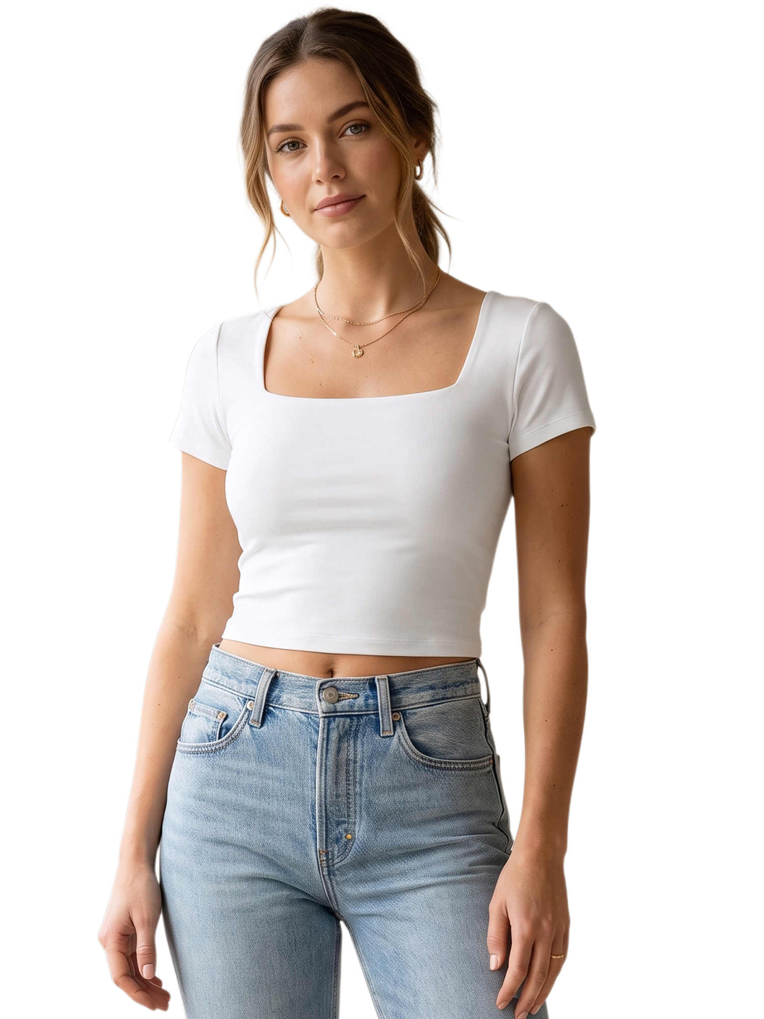 INSPIRE CHIC Women's Square Neck Short Sleeve Top Soft Summer Tee L White
